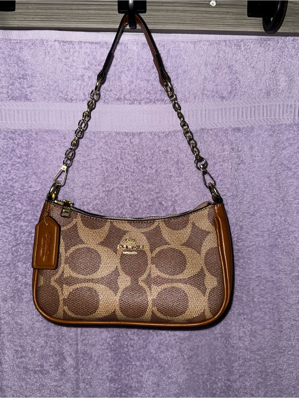 Coach Tan/Brown Signature Canvas Shoulder Bag with Chain Strap